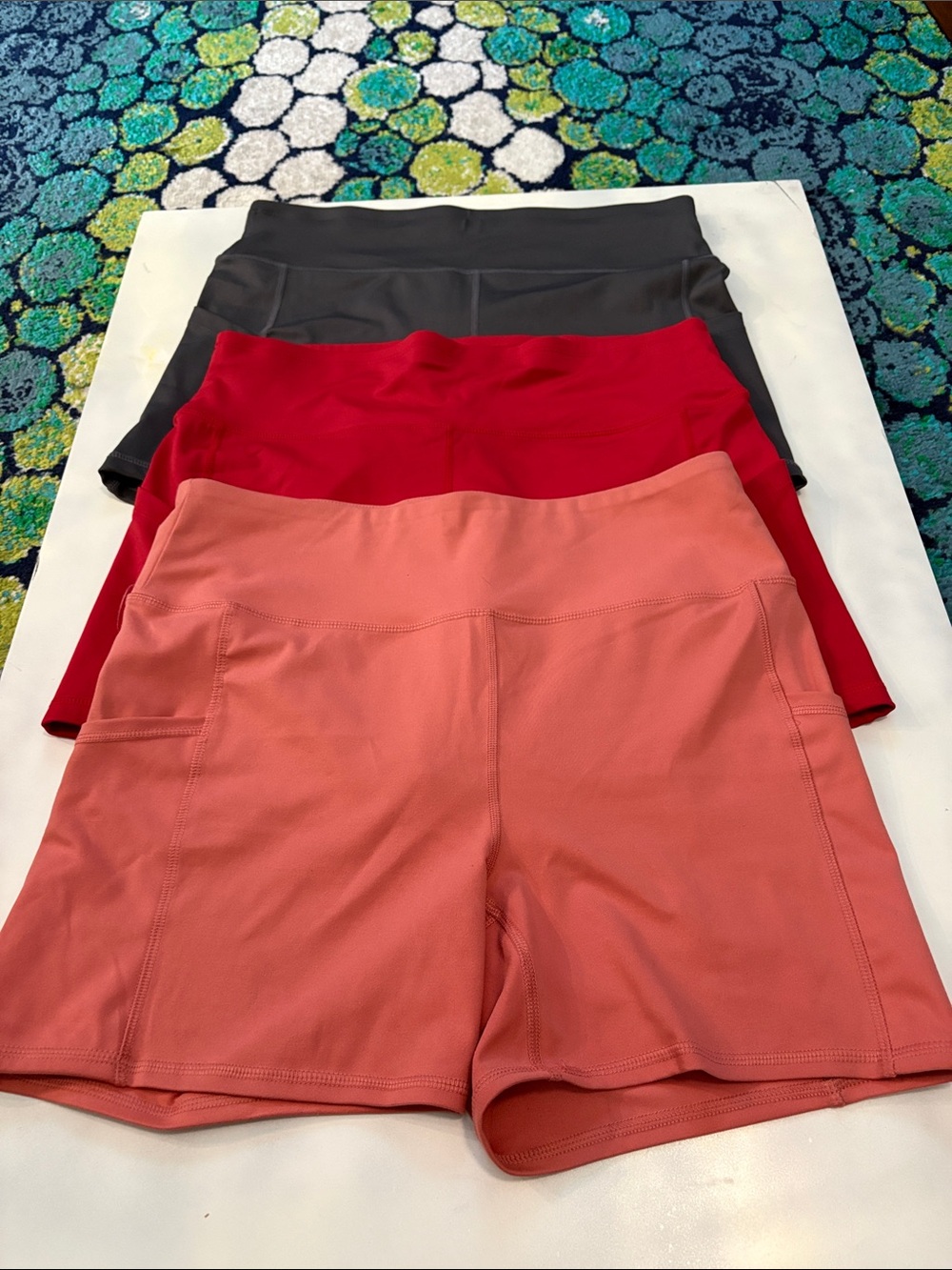 Bundle of 3 Women’s High-Waist Performance Shorts— Coral, Red and Charcoal - XL